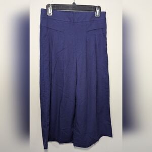 Linen-Blend Wide Leg Cropped Pants Navy Blue Pleated Front Women's Size M